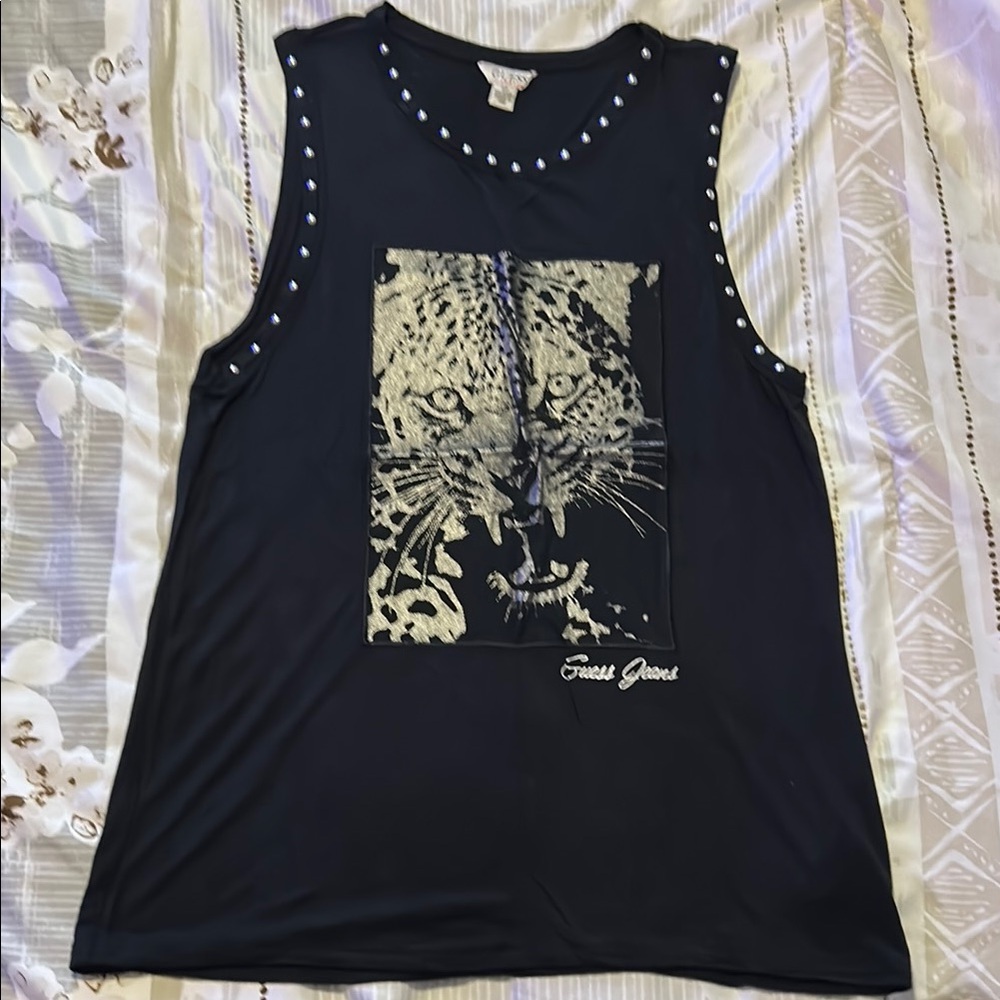 Guess Black Embellished Graphic Muscle Tee